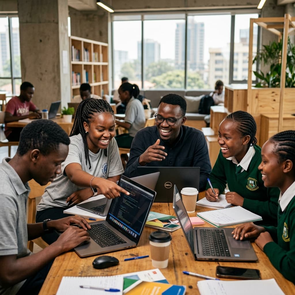 Kenyan students laughing together around a table of laptops and notebooks